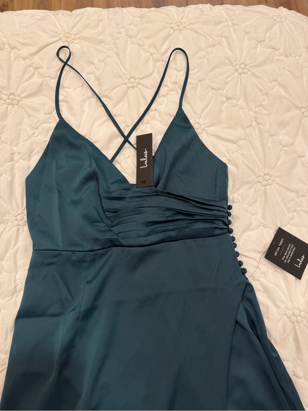 Lulus Outstanding Elegance Teal Green Satin Surplice Maxi Dress